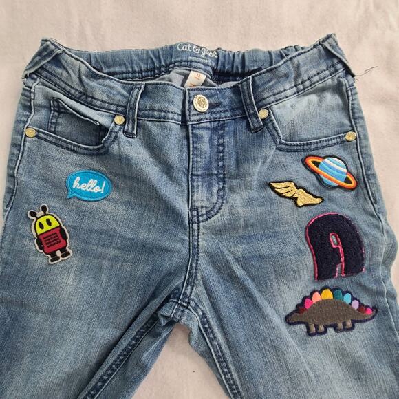 Cat & Jack Super Skinny Jeans Medium Blue w/Patches & Unfinished Hem 12 2409 - Picture 3 of 12